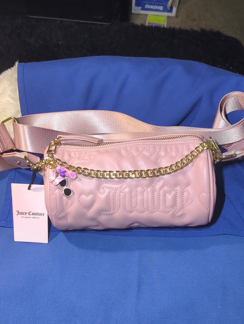 Juicy Couture Light Pink Quilted Logo Crossbody with Gold Chain NOW ONLY $50